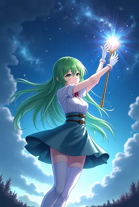 Green long hair anime girl，White Gloves，short skirt dress，white pantyhose，Night sky，Gemstone huge magic wand，Anime comic style，1