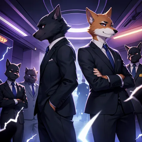 in the foreground, on the sides, there are only two furry characters in business suits, in the background there is a dark crowd ...