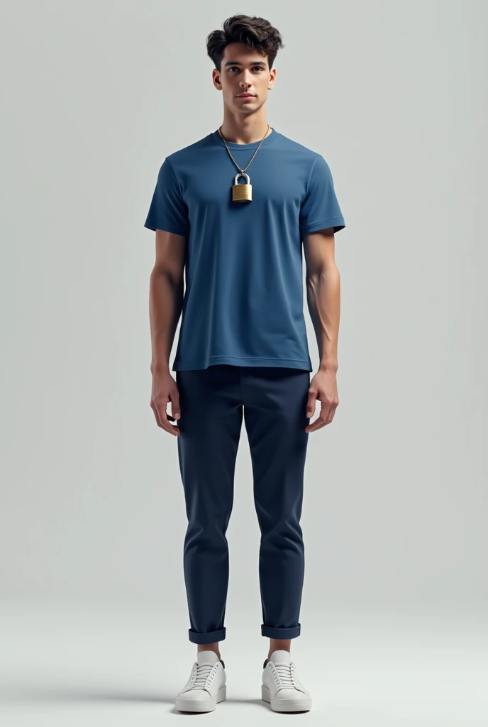 A guy in dark blue pants with white sneakers and a blue t-shirt with a lock on the neck of the t-shirt