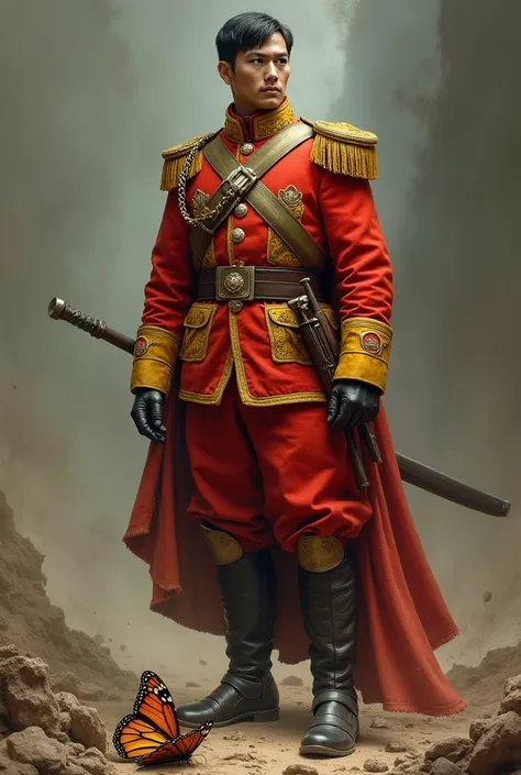 Soldier in red and yellow clothes with dead butterfly