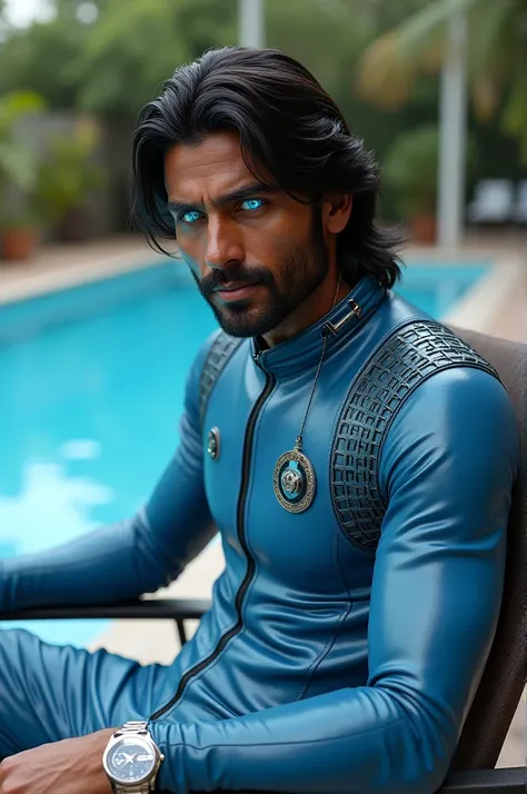 Genrate a realistic male model whos rad suit blue optics Indian hear colour highe quality watch 
Robotic eyes but realistic like human eyes 
The model is seating on chair near in swimming pool 