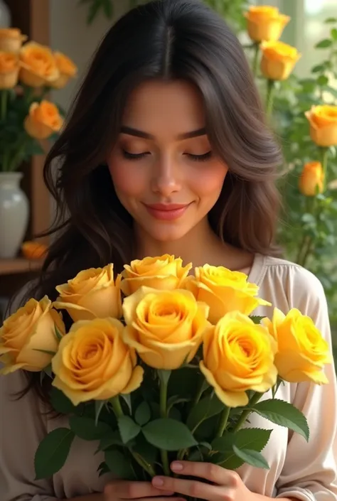 White latina girl holding yellow roses while looking at them with love and smile realista de fondo se ve una floristería 