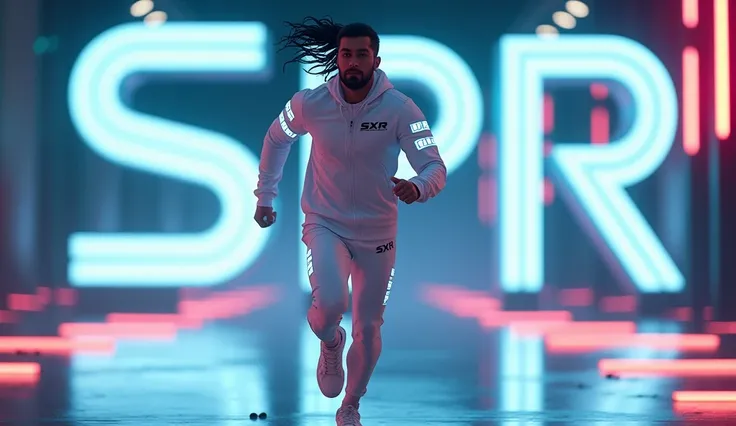 In this image, a man is seen in full view, wearing a modern white sports suit with the SXR logo on the chest, which appears to have LED lights on the sides. He is seen running in a neon-lit area, with the logo on it. "SPR" Large, glowing figure behind him....