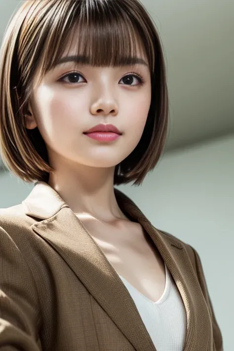 Highest quality, Realistic, Very detailed, finely, High resolution, 8k, Cinema Lighting, 1 person, Cute Japanese Women, 30 years old, light brown straight bob hair, (very tiny bangs, blunt bangs above the eyebrows:1.6), (Wearing a simple business suit:1.4)...