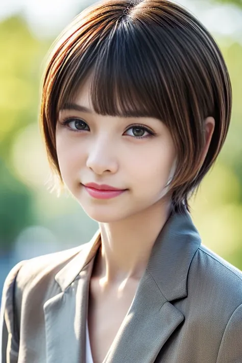 Highest quality, Realistic, Very detailed, finely, High resolution, 8k, Cinema Lighting, 1 person, Cute Japanese Women, 30 years old, light brown straight bob hair, (very tiny bangs, blunt bangs above the eyebrows:1.6), (Wearing a simple business suit:1.4)...