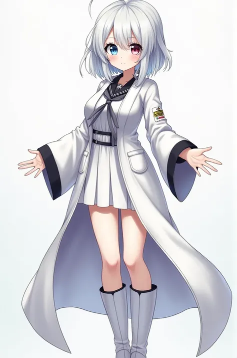 Hotaru,  anime girl, white hair with gray gradient, Front strands longer than those in the back, Short Layered Back, fringe covering his forehead, white and soft skin, Her small but well-formed body highlights her thighs and breasts, eyes of different colo...