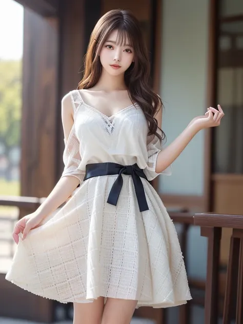 Photo-realistic quality、The 20-year-old Japanese idol is posing in a black top and white skirt., romantic dress, frock, cute dress, dress and cloth,Elegant Dresses、Romantic and beautiful dress、Looking at the camera、Detailed and beautiful eyes、Cute smile、A ...