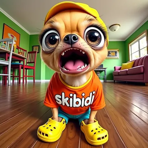 A Chihuahua wearing a yellow cap, an orange SKIBIDI t-shirt, and yellow crocs sits on a wooden floor inside a brightly colored living room. The dog has exaggerated, large eyes filled with tears and an open mouth, expressing a dramatic, sad emotion. In the ...