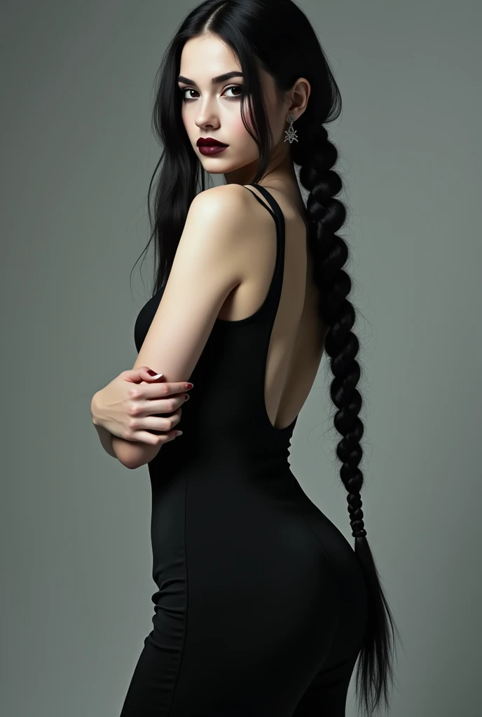 Create a hyper detailed photograph of a young sexy dressed as wednesday addams with black dress very sexy, Stunningly perfect gorgeous face, perfect makeup super dark goth style, detailed vibrant eyes, long black hair in two braids, beautiful perfect, perf...