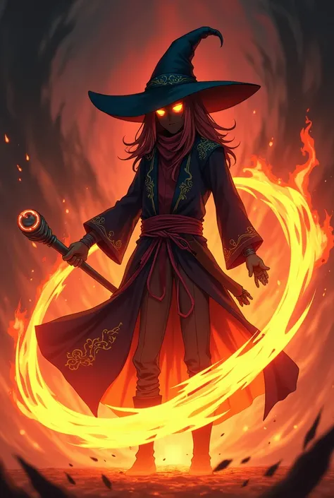 An anime-style mage character resembling Vivi from Final Fantasy IX. The mage wears a large, wide-brimmed hat and long, flowing robes with intricate patterns. His eyes glow under the shadow of the hat, and he holds a glowing staff in one hand. He is in the...