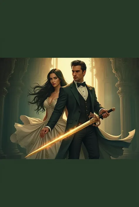 Make a poster in which a 2 handsome man is stands with a magic sword in his hand, wearing a long jacket and pants,with confident and elegant expressions and next to him in the background is a beautiful woman stands, wearing a beautiful dress with  confiden...