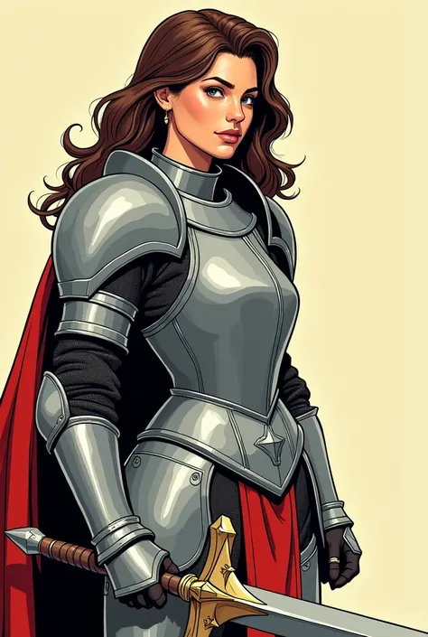 Create a female knight around 24 to 2 with long brown hair, styled in the aesthetic of classic comic books. She has a youthful but mature appearance, with defined features and a calm, focused expression. She wears stylized light armor fitting for a knight,...