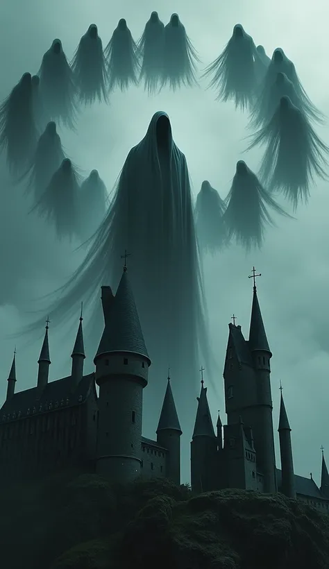 Wearing multiple tattered black cloaks、A scene in which many terrifying ghostly beings with blank faces circle the sky above Hogwarts Castle.