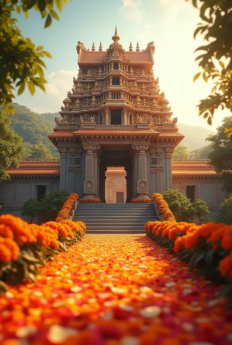 (photorealism:4.5), temple in kerala prepared for a wedding, bright photo, flower decorations, temple architecture