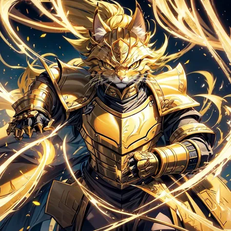 a close up of a cat wearing a hat and a jacket, wearing golden cat armor, the golden cat armor knight, masamune shiro, gilgamesh, anthropomorphic lynx, casimir art, dio brando, masamune, armored cat, portrait of dragoon, tabaxi male, tabaxi, furio tedessch...