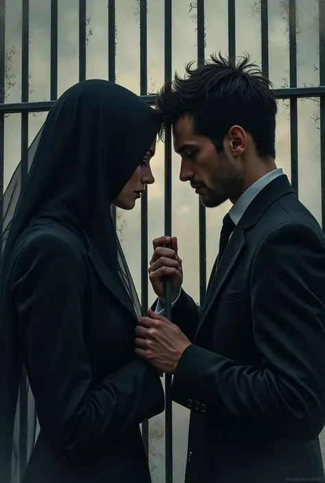 A picture of a veiled woman and a man behind an iron bar fence. One person behind the fence and the other on the other side of the fence for a professional and attractive novel cover and writing the name of the novel: Love Behind the Fence.