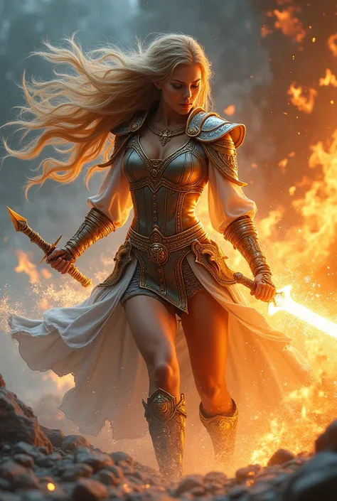 Woman with long ocher and white hair, fighting firestorm, with crystallized ice power, with bronze armor with gold, and short medieval metal skirt, with ancient sword with strong light sources.