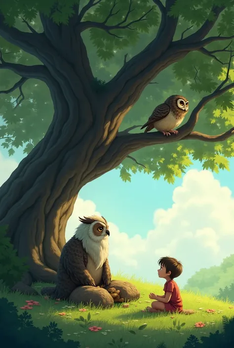 Child Mira sitting under a large tree, talking to an old wise owl.