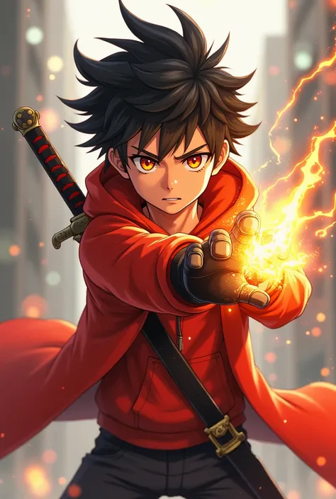 Boy with splayed hair, orange eyes, red sweatshirt, black gloves, sword in coat and fire magic in anime style