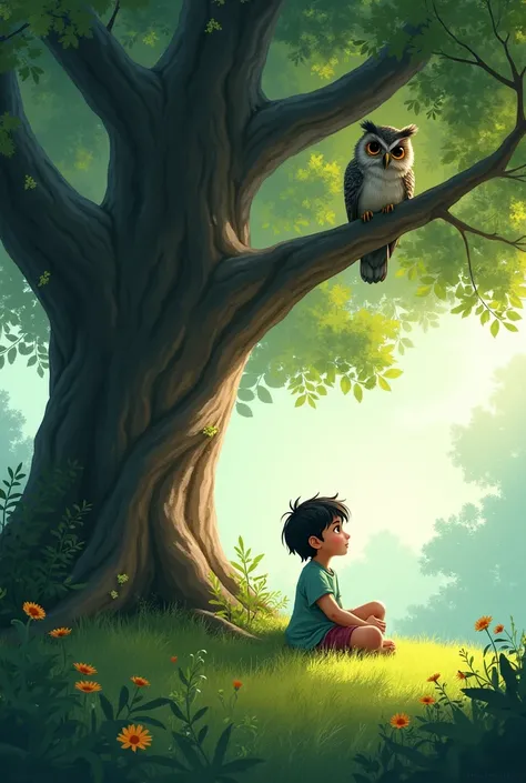 Child Mira sitting under a large tree, talking to an old wise owl.