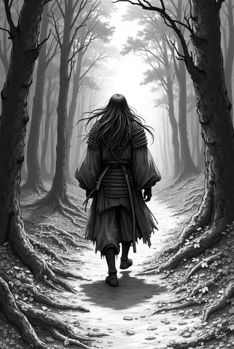 a ronin defeated from a battle and walking down through the road in the middle of thick forest, make it black and white sketch style, long hair moved by the wind, vagabond manga style, looks is from the back of the samurai, make many sketch line details on...