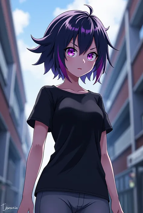 Semi-tall woman with black and white hair with purple highlights, black shirt and gray leggings with purple eyes boku no hero academia style  