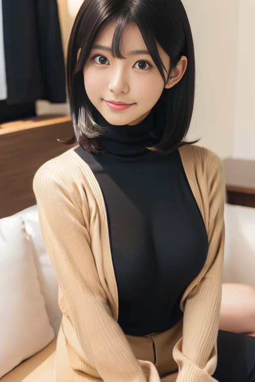 ((カフェの前に座るMature Woman)),((Turtleneck shirt:1.3)). 40k, photograph, masterpiece, Best Quality, Dark Gray Background, ((Mature Woman, wife, mother, Mature Woman)), ((Plump breasts)), perfectionな顔, perfection , ((Large breasts)), ((1 woman with brown eyes an...