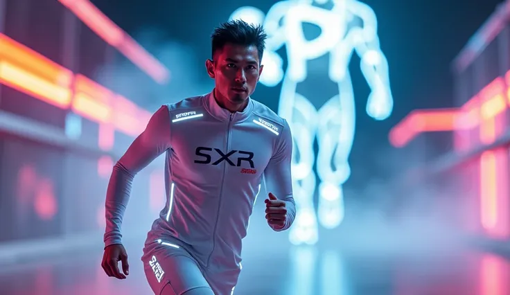 In this image, a man is seen in full view, wearing a modern white sports suit with the SXR logo on the chest, which appears to have LED lights on the sides. He is seen running in a neon-lit area, with the logo on it. "SPR" Large, glowing figure behind him....