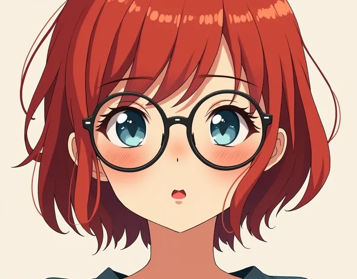 an anime girl with short red hair wears glasses, blue eyes, freckled face, red lips.