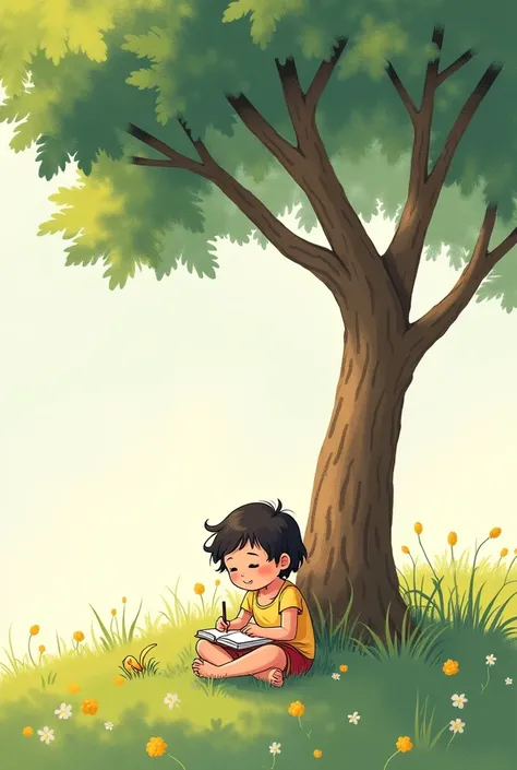 **Illustration:** Mira smiling as she writes in a journal under the same tree. make it look like a kid short hair