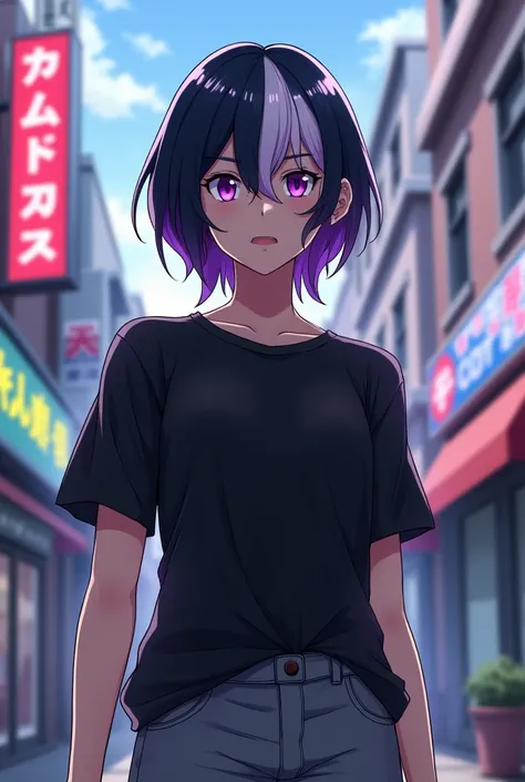 Semi-tall woman with black and white hair with purple highlights, black shirt and gray leggings with purple eyes boku no hero academia style  