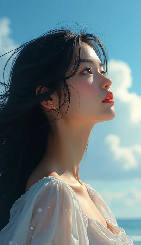 A girl gazing dreamily at the sky, her hair flowing in the wind, embodying aspirations and wonder. This girl most beautiful cute hot and sexy .The complete condition of the girl should be seen in the picture. The girls hair should be black. It will be fine...