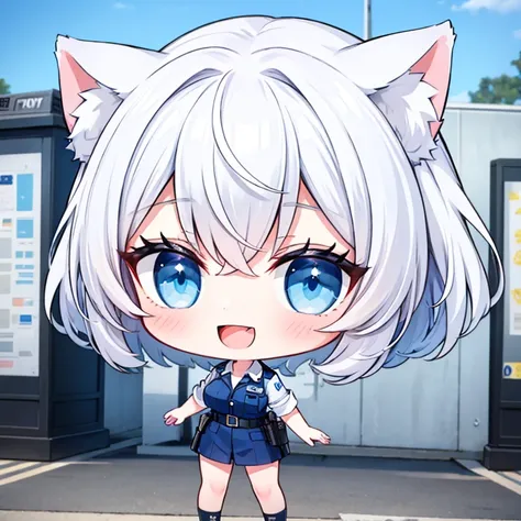 1girl, chibi, cute, (police officer uniform:1.3), short white hair, cat ears, (smile:1.3), (open your mouth:1.3), blue eyes, police box, standing, full body shot, (best quality, 4k, highres, masterpiece:1.2), ultra-detailed, detailed eyes ,detailed lips ,e...