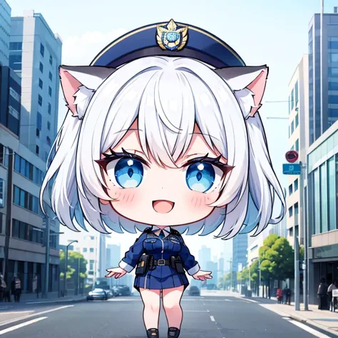 1girl, chibi, cute, (police officer uniform:1.3), short white hair, cat ears, (smile:1.3), (open your mouth:1.3), blue eyes, police box, standing, full body shot, (best quality, 4k, highres, masterpiece:1.2), ultra-detailed, detailed eyes ,detailed lips ,e...