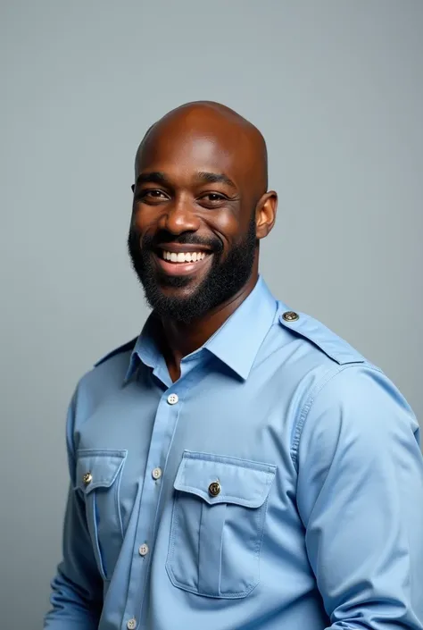 realistic and detailed image of beardless black police officer in light blue shirt...the man must be smiling looking at the camera, the image background must be light gray...the image of the man must go down to the waist...center the image