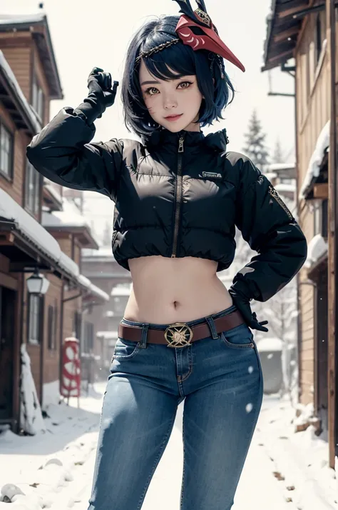 1girl, (long sleeved puffer jacket, long jeans, iron belt, boots), ((midriff, navel)), looking at viewer, smile, fashion pose, snowy mountains, (cinematic lighting, best quality, masterpiece, high details, best quality, highres, HD, 4K, 8k, super detail), ...