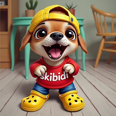 A small Chihuahua wearing a bright yellow cap and red t-shirt with the word SKIBIDI printed on it. The dog is striking a playful pose, with its mouth open in an excited expression, and it has large, expressive eyes. It’s also wearing blue jeans and yellow ...