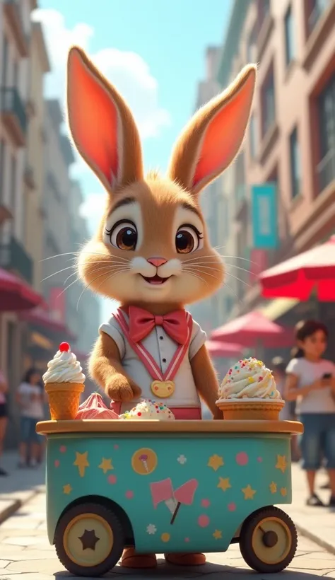 make a realistic picture of a cute rabbit wearing a typical ice cream sellers outfit with a colorful ice cream cart in the middle of the city