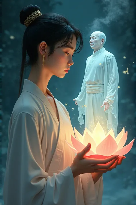 In the illustration for the Xianxia novel, a young man delicately cradles a lotus lamp in his hands, from which emerges the ethereal and illusionary soul of a handsome man. This spectral figure, gracefully floating above the lamp, represents the young mans...