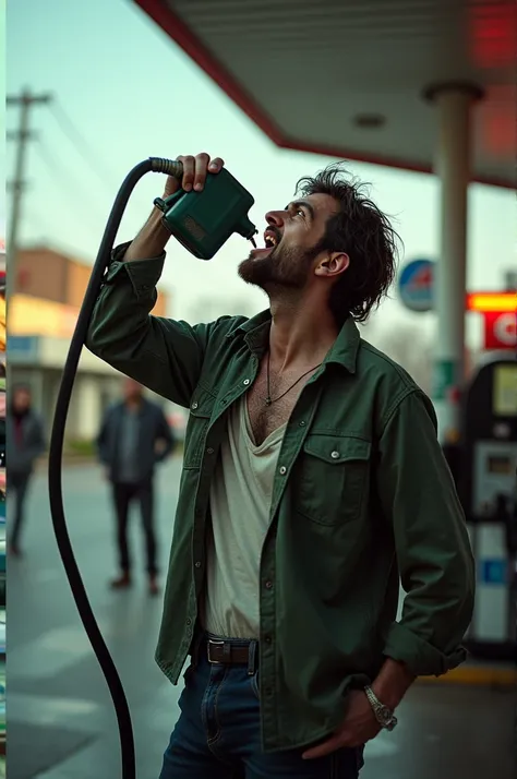 a man drinking petrol at a gas station