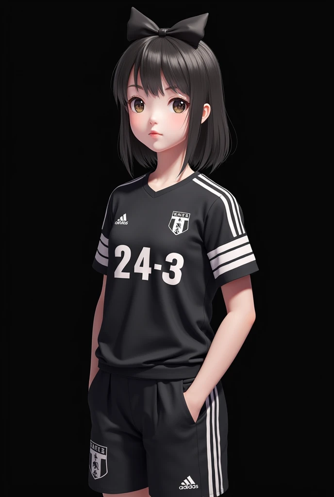 An innocent realistic girl with a black unfit white striped at the side of sports long jersey and a black unfit white stripped at the side of sports long trouser.nuber the jersey as 24/3 Hair Bow, black back groundDigital Art, 