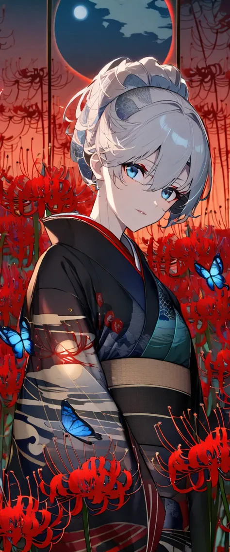 ((Blue-silver hair)), ((Half-up hairstyle)), ((Dark blue eyes)))(((Black kimono with blue butterfly pattern)))(((Red moon at dusk in the background))((((Red spider lilies in full bloom in the background))))