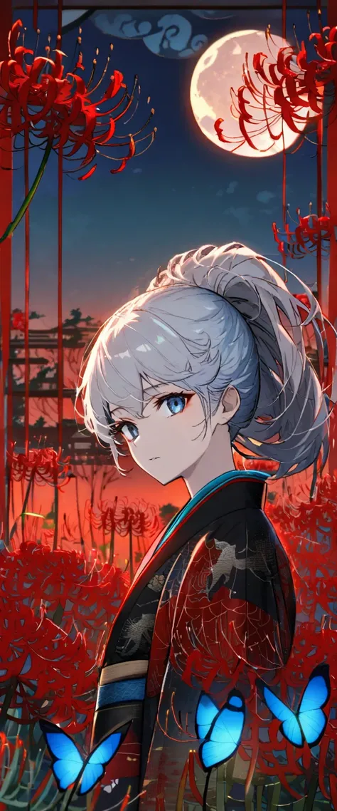 ((Blue-silver hair)), ((Half-up hairstyle)), ((Dark blue eyes)))(((Black kimono with blue butterfly pattern)))(((Red moon at dusk in the background))((((Red spider lilies in full bloom in the background))))