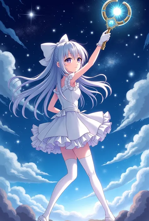 Silver long hair anime girl，White Gloves，short skirt dress，white pantyhose，Night sky，Gemstone huge magic wand，Anime comic style，1