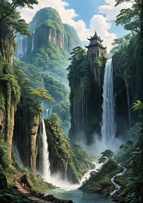 huge waterfall、castle land above the waterfall、a river that connects to the distance、beyond the waterfall is the jungle、