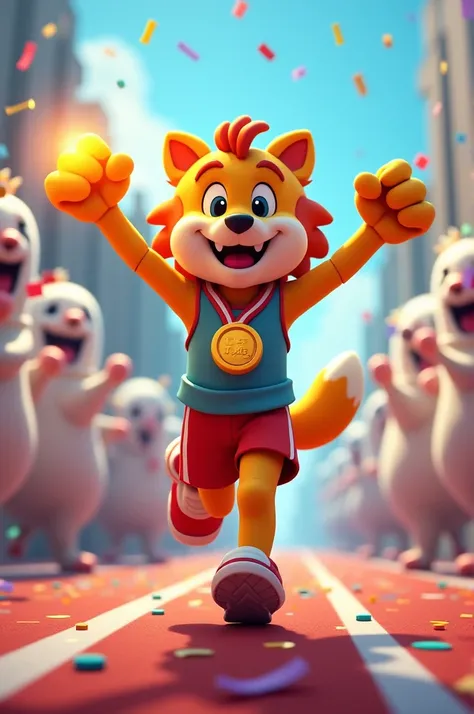 Character: Leo, landing at the finish line.

Face Description: Victorious grin, with glowing eyes.

Attire: Same running outfit but now holding a glowing golden medal.

Background: The finish line, with ghost animals cheering wildly and confetti raining do...