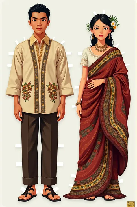 Maranao’s clothing as a paper doll
Mens Attire
Men typically wear a Barong Tagalog or traditional trousers paired with a Malong. The Barong is often embroidered, showcasing the wearer’s status.
Womens Attire
Women wear the Malong wrapped around their bodie...