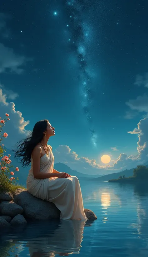 A girl gazing dreamily at the sky, her hair flowing in the wind, embodying aspirations and wonder. This girl most beautiful cute hot and sexy एक  बहुत ही सुंदर गोरी लड़की लड़की का पूरा शरीर तस्वीर में दिख रहा हैलड़की ने साड़ी पहन रखी है वह एकपत्थर पर बैठी ...