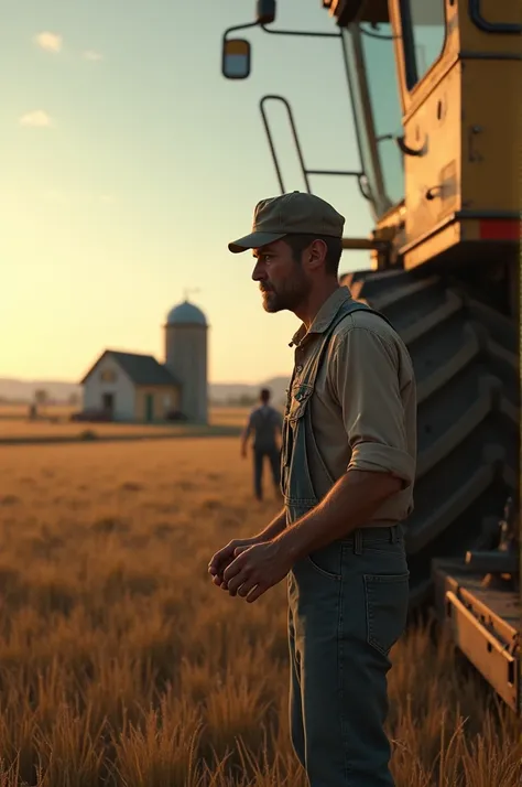 Create image of nervous rural worker near agricultural machinery 