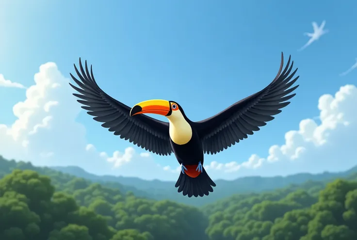 Toco toucan in flight under a clear blue sky, with the Amazon rainforest visible in the distance at the bottom of the image. Its wings are spread wide, with the black feathers contrasting with the clear sky. The beak is large and curved, with vibrant shade...